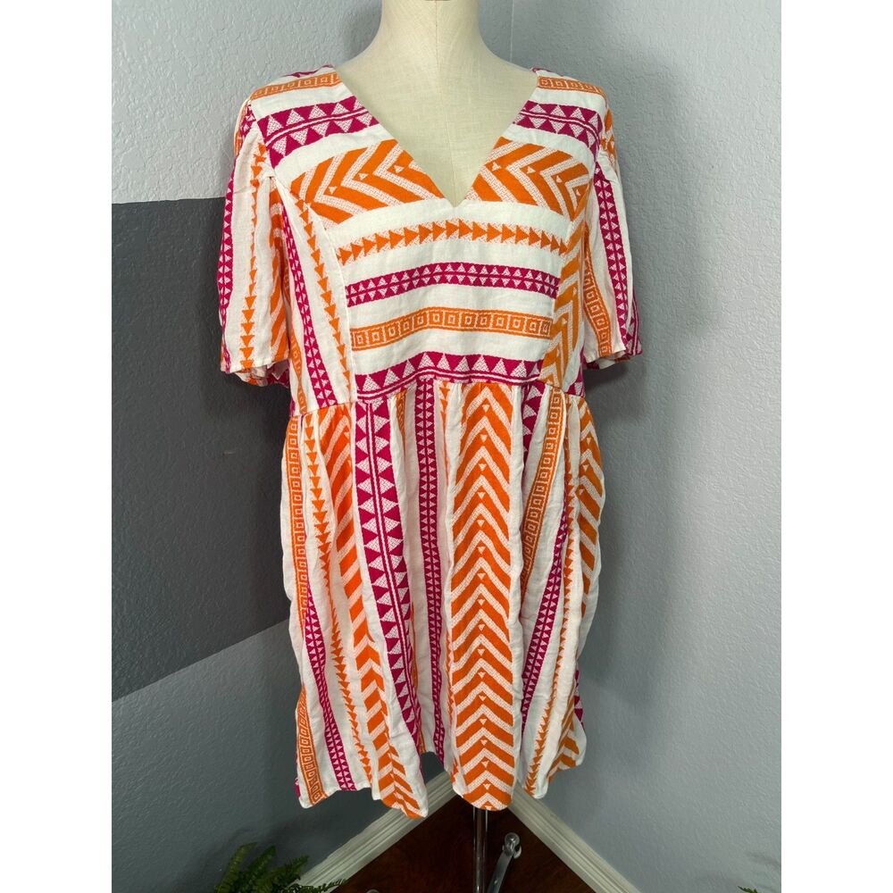 Old Navy Jacquard Mini Swing Dress Large Pink Orange Geometric Aztec Boho Folk - Picture 3 of 14